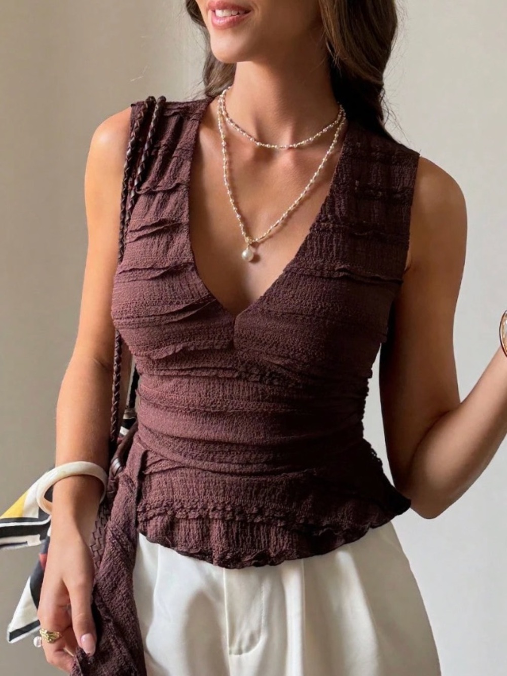 Sleeveless V-Neck Wrap Top in Deep Brown - Picture 2 of 5